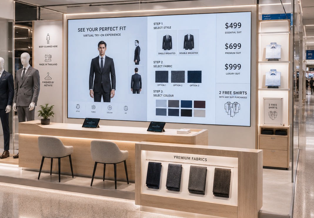 The BYS kiosk interior with the suit configurator screen and fabric display