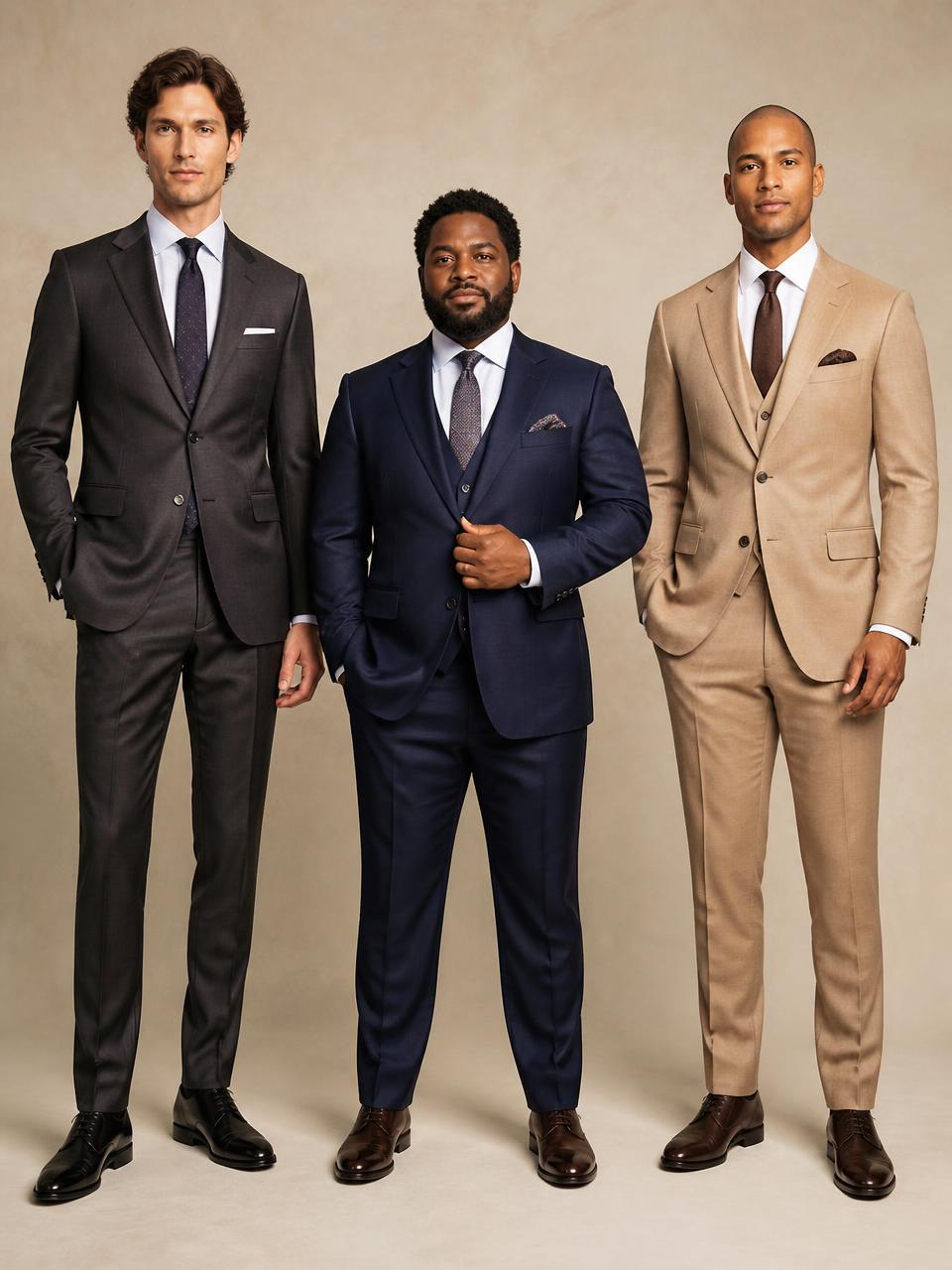 Three men of different builds in perfectly tailored suits