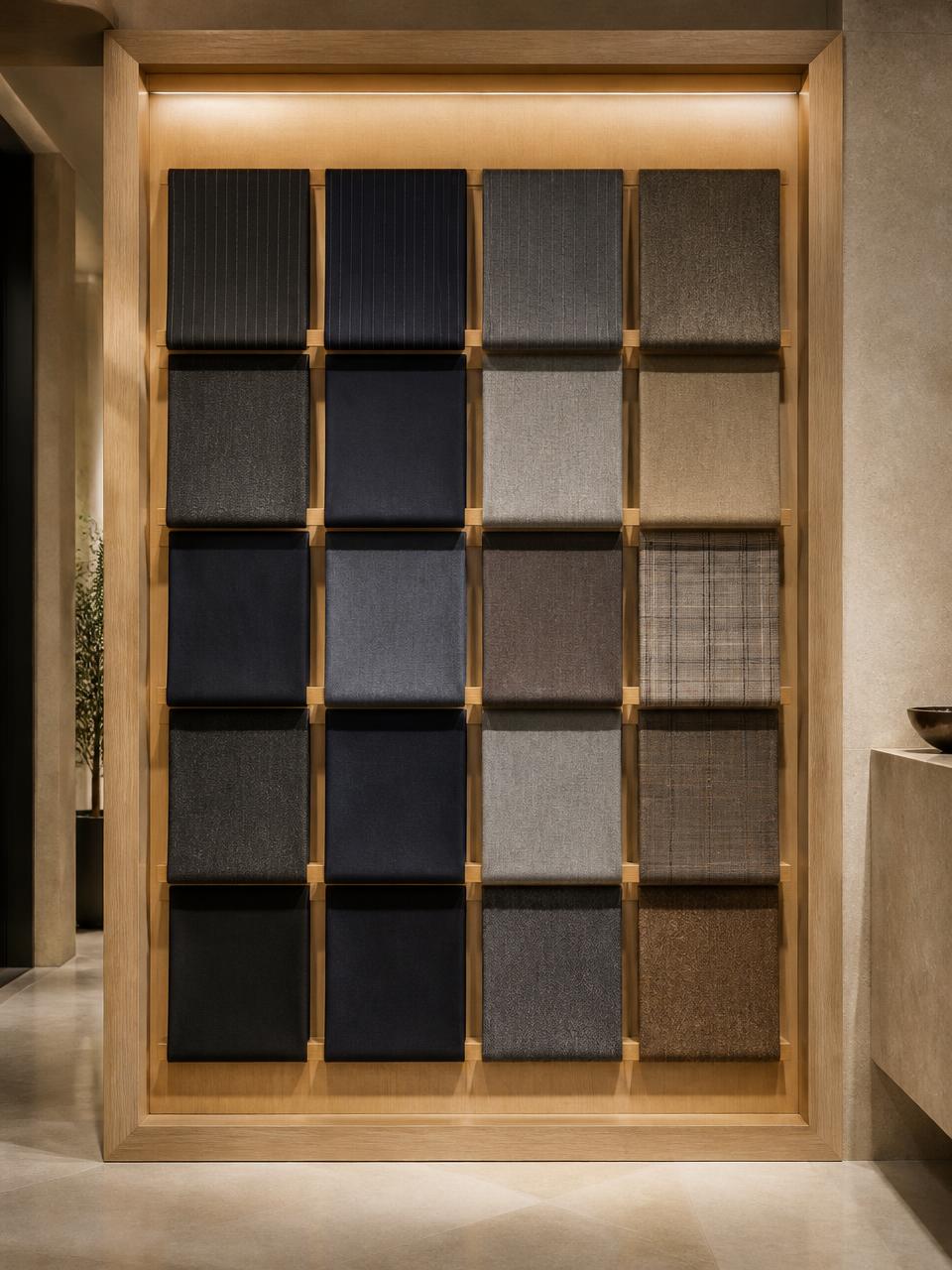 A wall of wool suiting swatches on a timber display